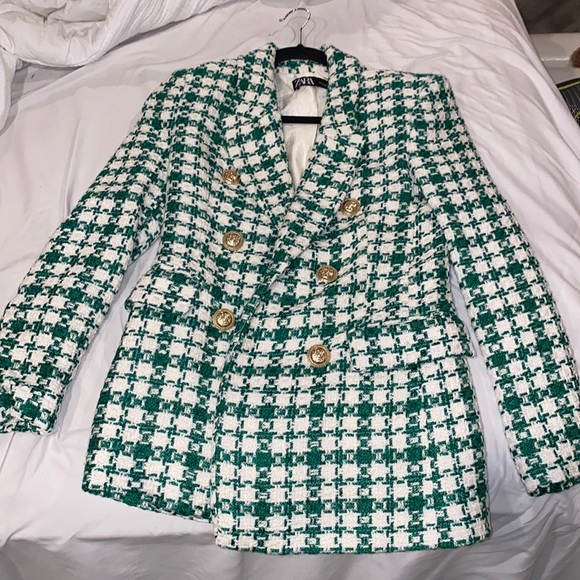 Zara green plaid blazer and matching skirt XS